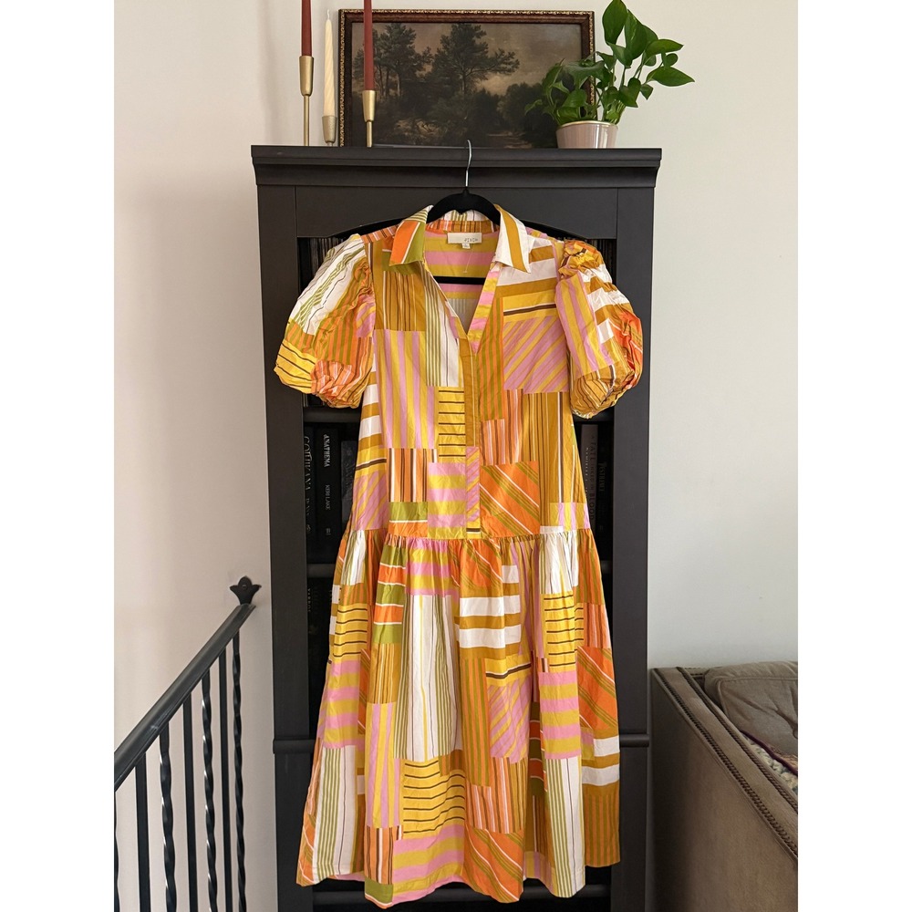 PINCH Patchwork Stripe Puff Sleeve Midi Dress Geometric Boho Art Dopamine Artsy